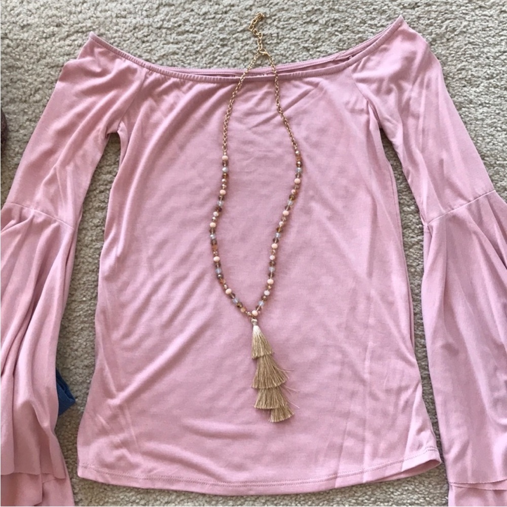 Blush Color Off The Shoulder, Bell Sleeve Top - Picture 3 of 6